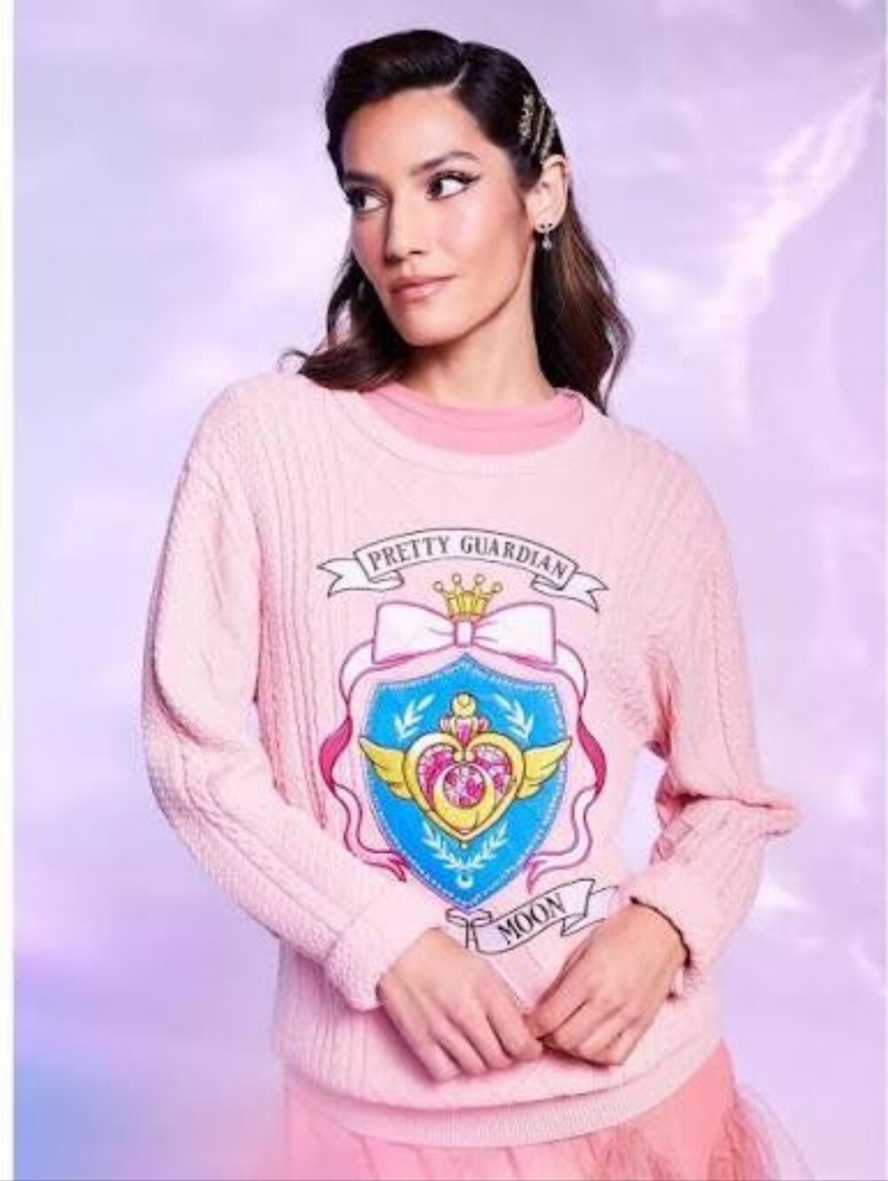 Pretty Guardian Pink Cable-Knit Crewneck Sweatshirt